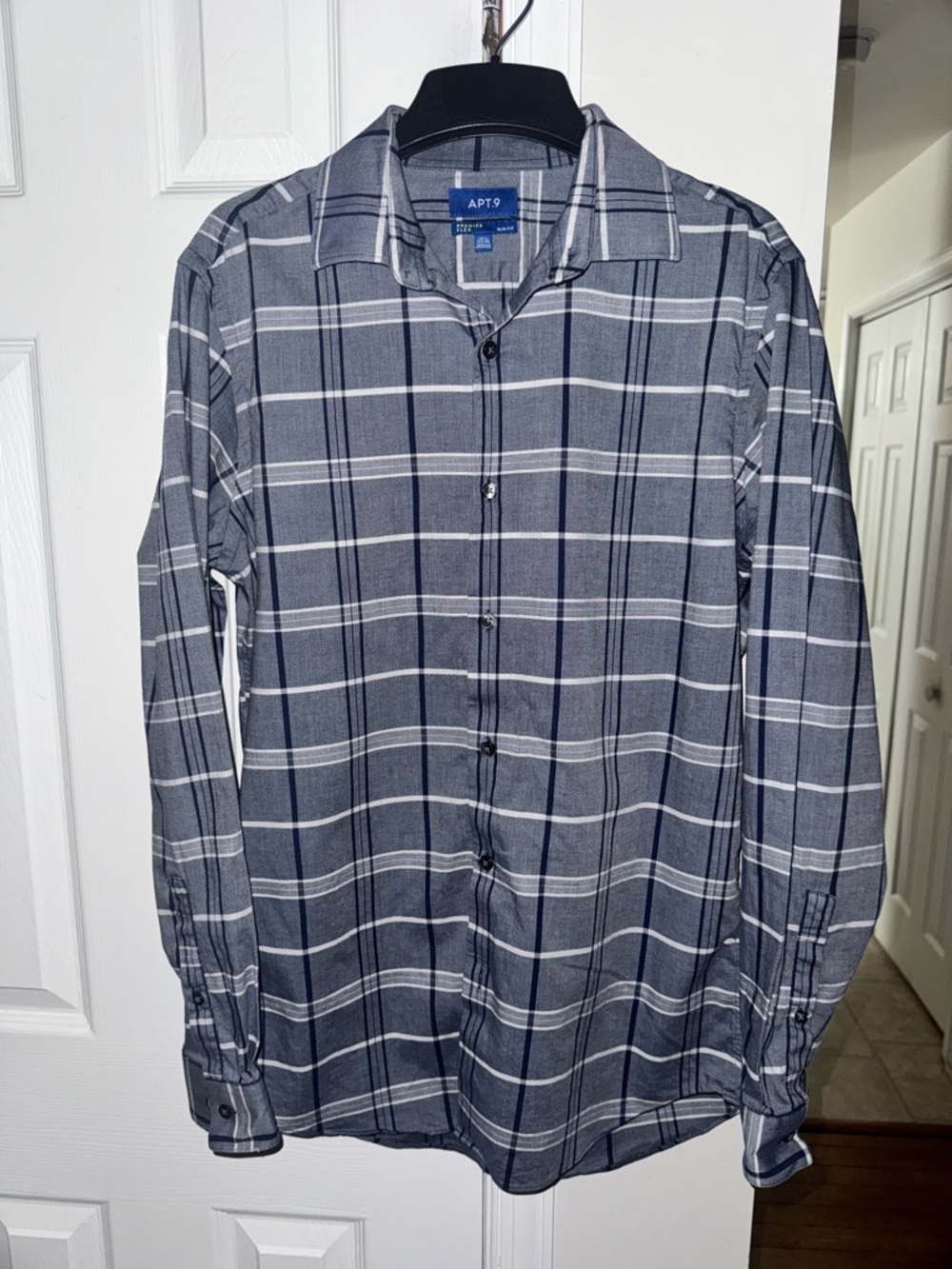 Apt. 9 Premier Flex Slim Fit Dress Shirt Mens 15.5 34/35 Gray Navy Plaid Stretch